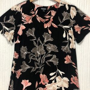 ORIGINAL Black Floral Print Short Sleeve V Neck Shift Dress Women's Size‎ M